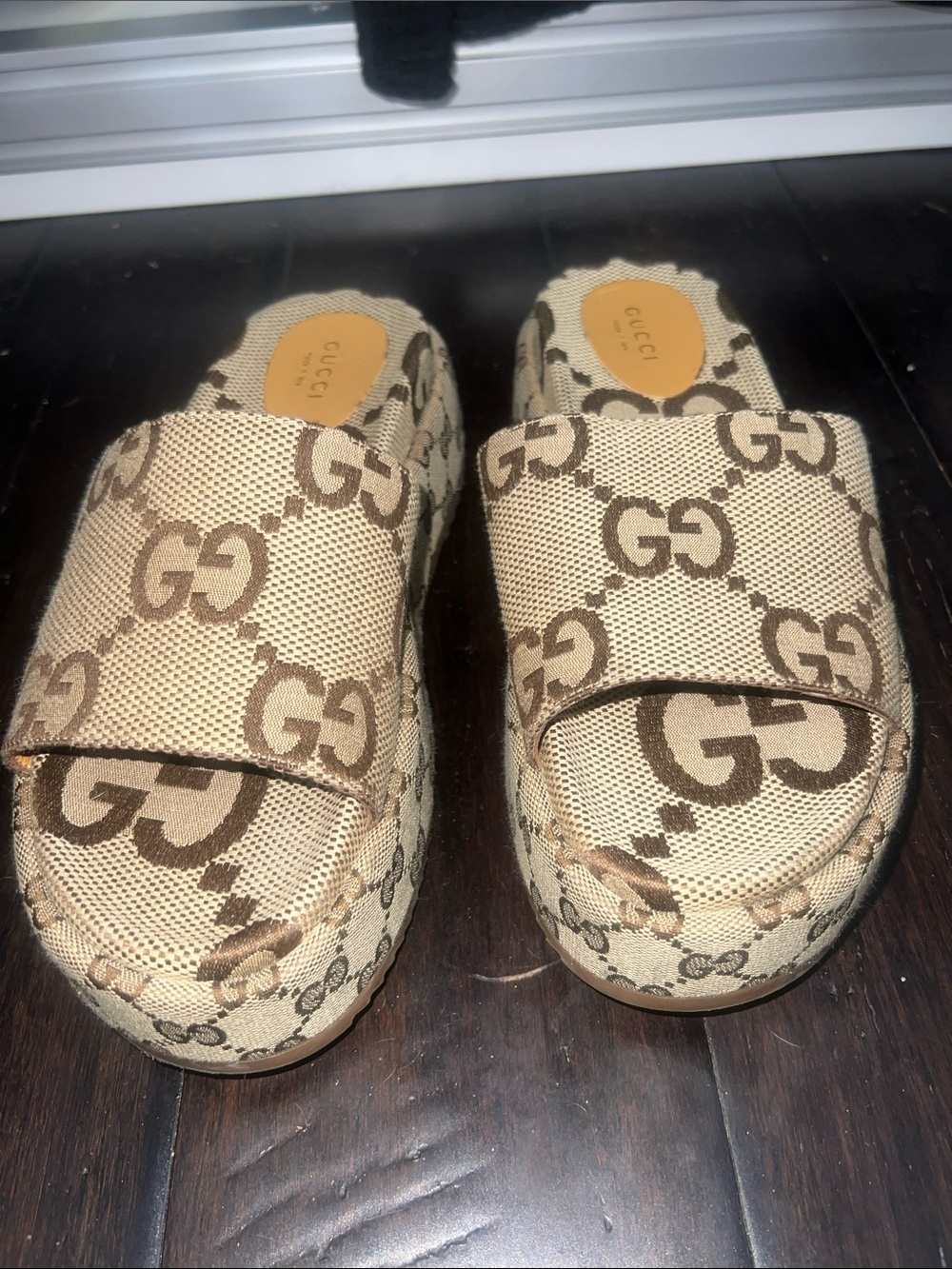 Gucci Beige Brown GG Canvas Slide Sandals